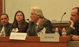 John Diaz of The San Francisco Chronicle, Lily Dorman Colby student at UC Berkeley Law, Judge Michael Nash and Jim Newton of the Los Angeles Times during forum at Boalt Hall in 2012. 