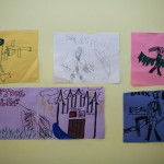 Children drawings of castles and birds.