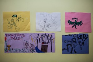 Children drawings of castles and birds.