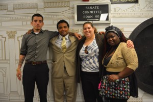 Marcos Lucio, DeAngelo Cortijo, Tisha Ortiz and Shanequa Arrington, all Bay Area foster youth, rejoice after SB 12 passed in its latest hearing. Photo credit: Sawsan Morrar.