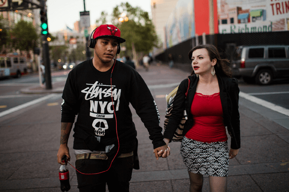 Credit: Max Whittaker, Prime Angel walks with her boyfriend, Elliott, through the Mission District in San Francisco.