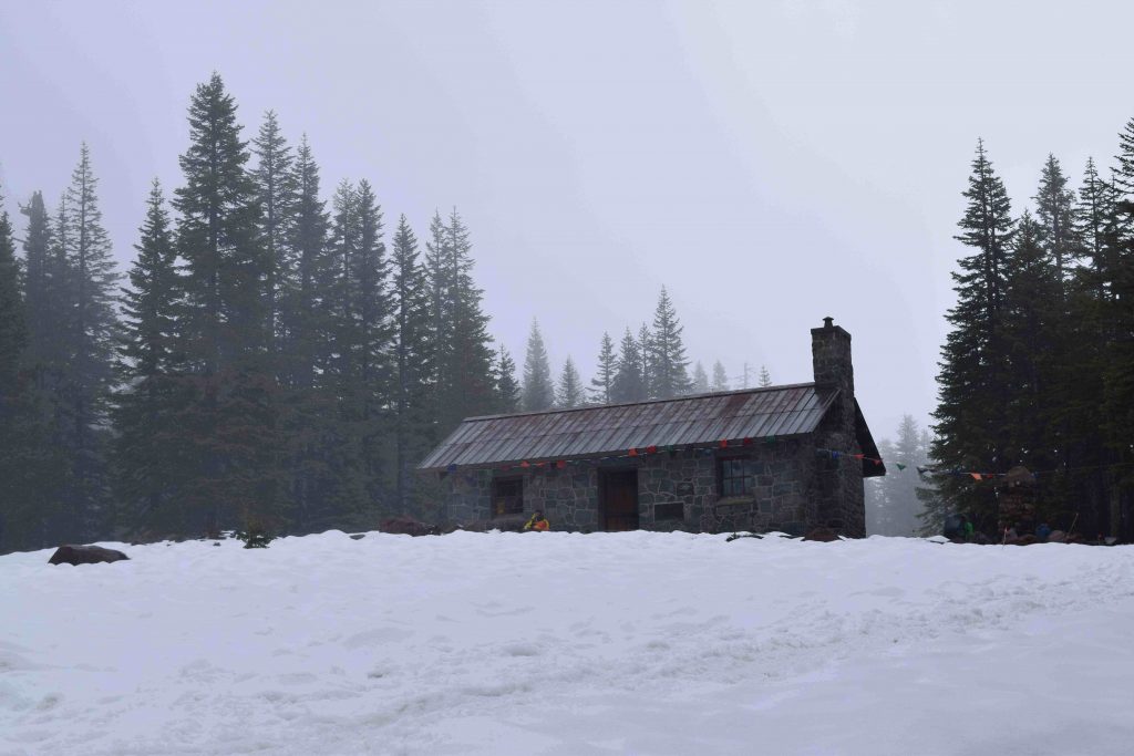 CRED: Bryan Curiel; The stone cabin at Horse Camp, on the way up Mt. Shasta's Avalanche Gulch route. 