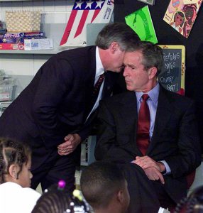 President George Bush receiving word of the 9/11 attack while visiting Emma E. Booker Elementary in Sarasota, Florida. Photo: NBC News