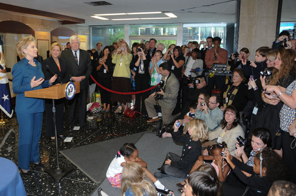 Hillary Clinton addresses the winners of the Angels of Adoption awards. Photo: CCAI