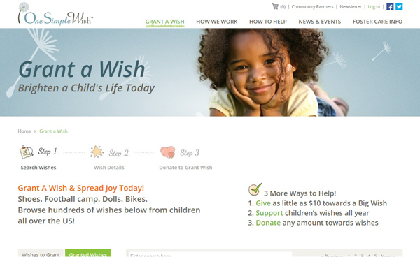 The homepage of OneSimpleWish.org.
