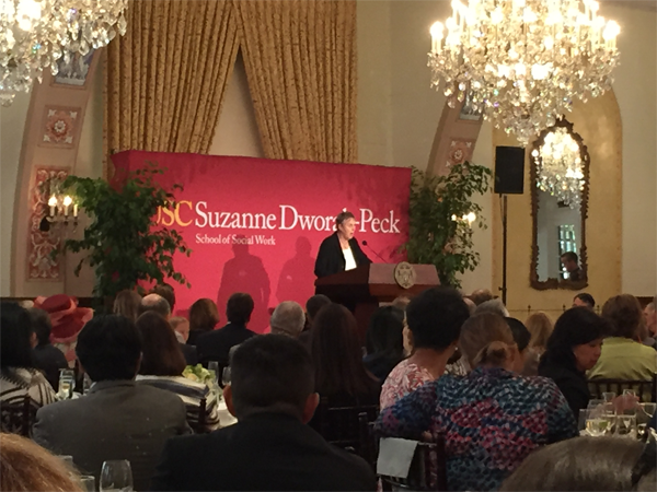 USC School of Social Work Dean Marilynn Flynn announces the donor for whom the school will be named. Photo: Daniel Heimpel