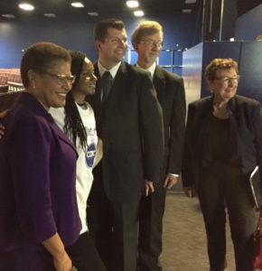 Rep. Karen Bass, far left, with DCFS Director Philip Browning, SEIU Treasurer David Green, and other guests during the Friday town hall.