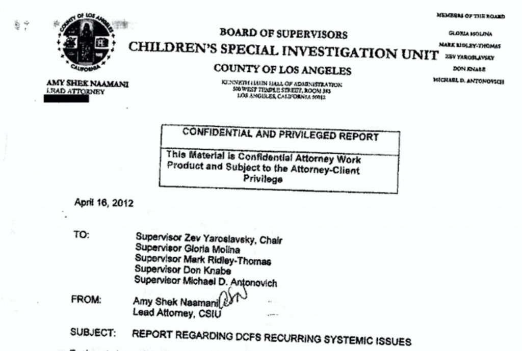 The 2012 "systemic issues" report was cited in the motion creating the county's Blue Ribbon Commission on Child Protection. 