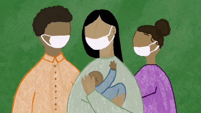 Illustration of a family of four, including one baby, with all but the baby wearing masks for story "Fewer Hennepin County Children in Foster Care are Reunified with Family"