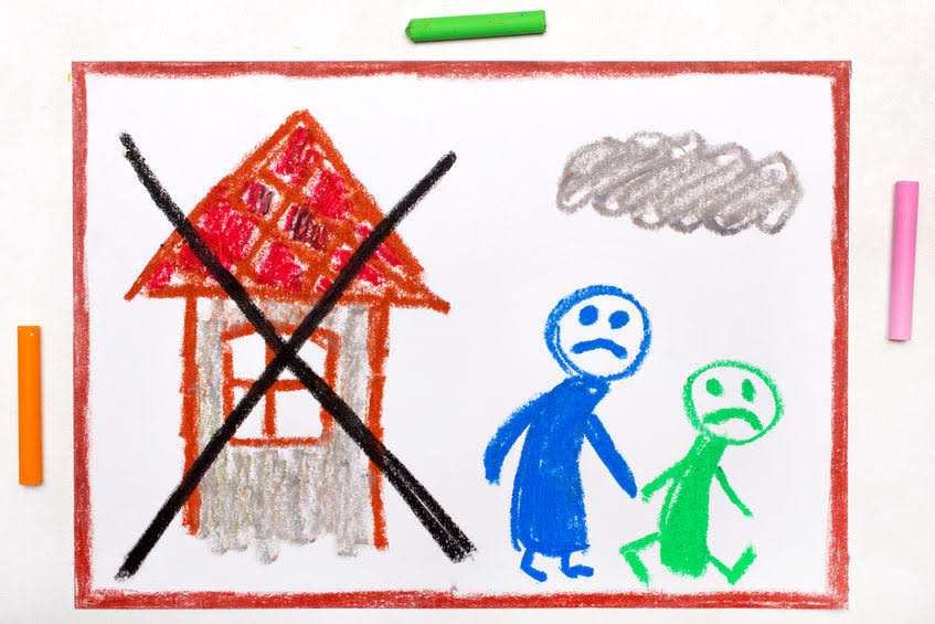 colorful drawing of two sad people leaving a house that is crossed out